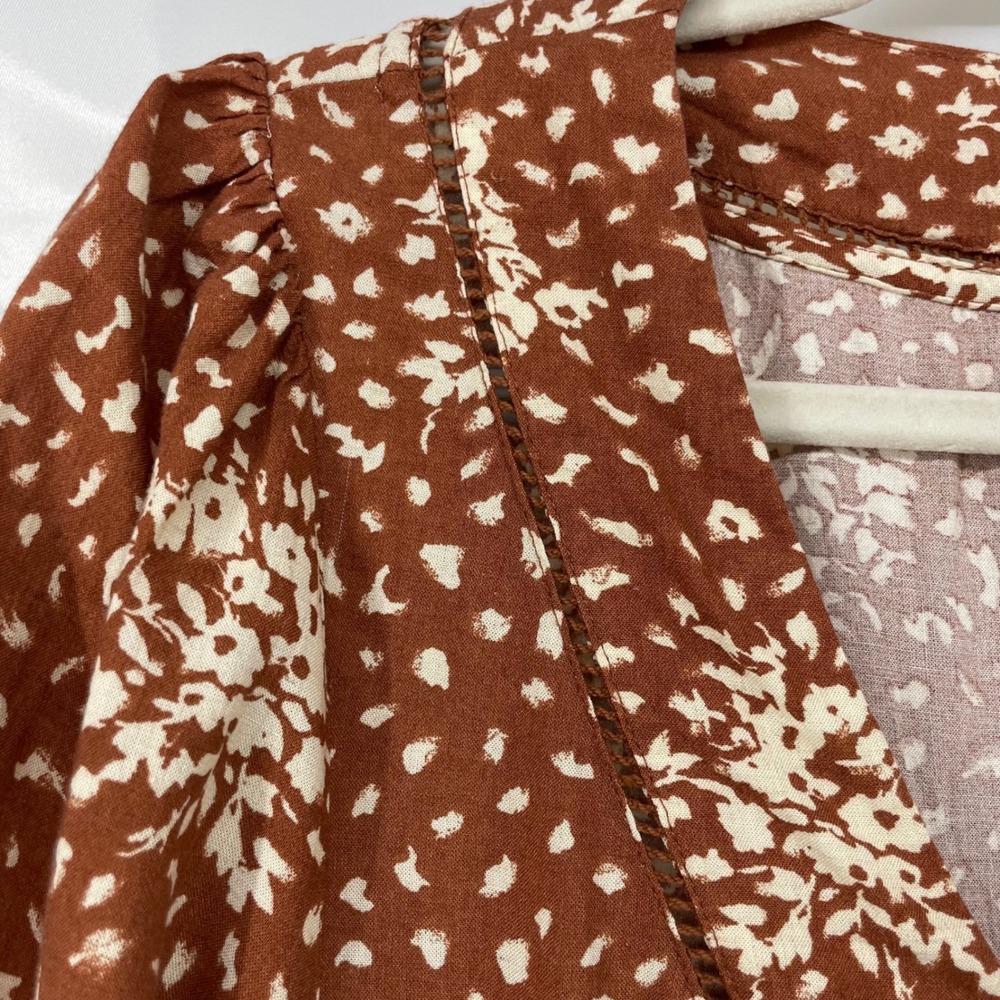 Knox Rose Size M Babydoll Dress Rust Brown Abstract Floral Lace Trim - Picture 3 of 7
